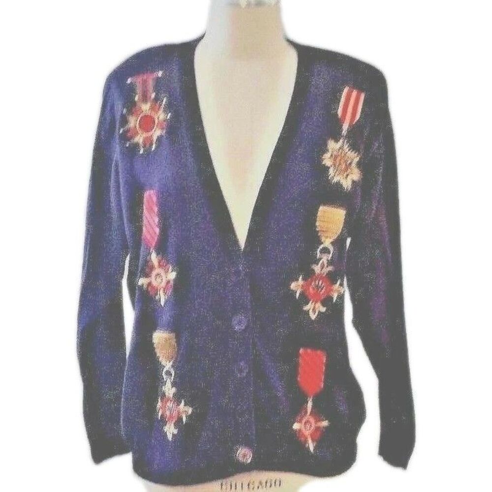Vintage Petite Sophisticate Cardigan V Neck Navy Blue Medals Size PS